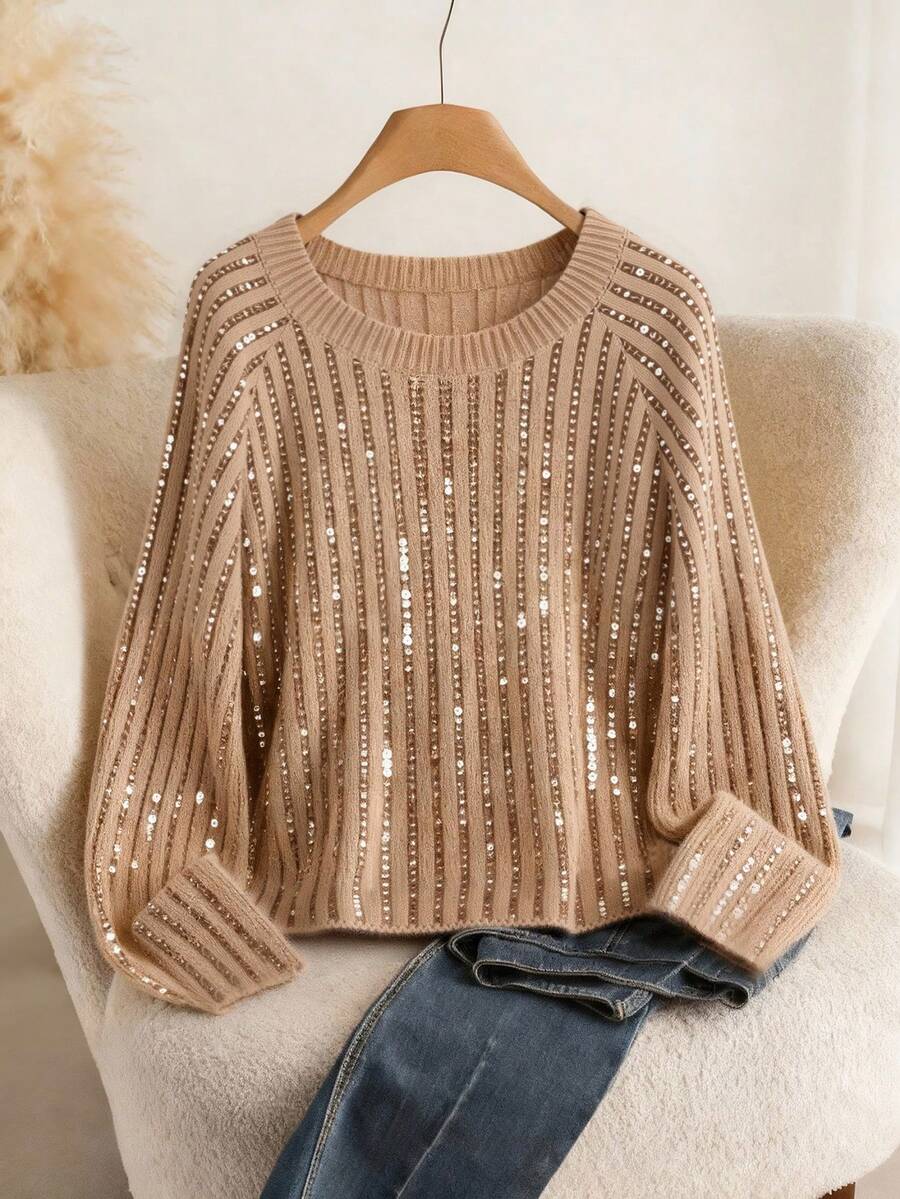 SHEIN Franclia Áo len chui đầu cổ tròn tay dài dáng rộng màu trơn đính sequin cỡ lớn cho nữ, mùa thu/đông - Màu Khaki - Xem 1