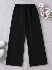 SHEIN بنطلون أسود ناعم مريح وعصري مناسب للمراهقين، مناسب للخارج والرياضة والمدرسة، قابل للارتداء في مختلف المناسبات، مزود بخصر مطاطي أبيض، قطعة أساسية أنيقة للخريف/الشتاء - الأسود - مشاهدة 2