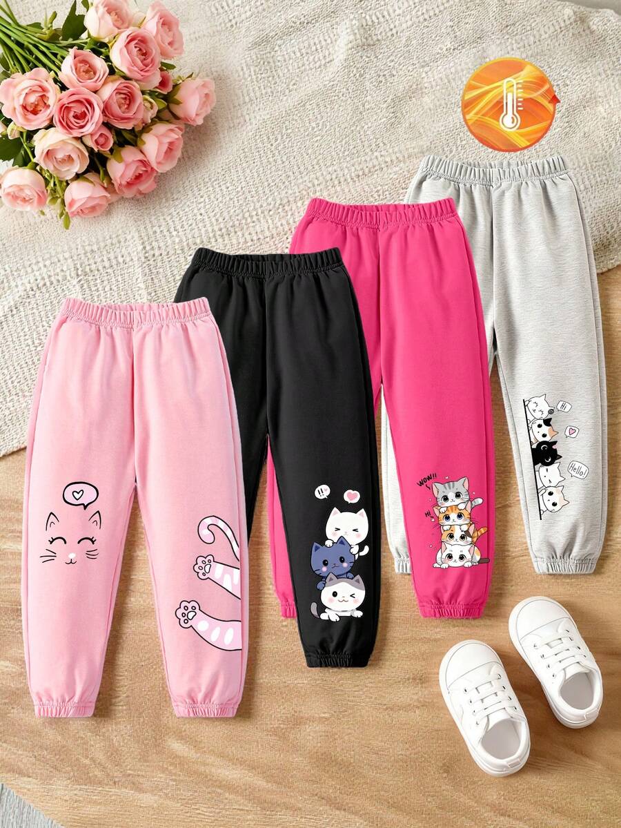 4pcs Set Cozy Fall & Winter Styles Baby Girls Casual Fashion Creative Personalized Fresh Minimalist Cute Cartoon Cat Heart Pattern Letter Graphic Print Sweatpants - Multicolor - View 1