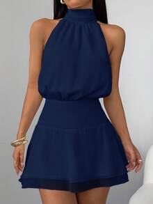 Aloruh Robe chiffon élégante et sexy avec encolure ras-du-cou et froncée à la taille pour femmes - Bleu marine - Voir 3