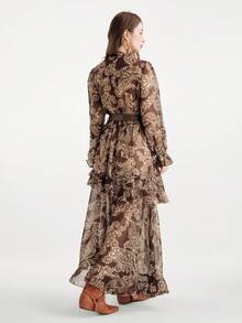 Aveloria Modichic Vestido de manga larga con cuello de volantes, cinturón de cintura y estampado de flores de anacardo arrugado de gasa vintage, otoño - Multicolor - Ver 2