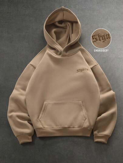 STYNVO Men's Letter Embroidered Thermal Lined Hoodie Sweatshirt Brown Hoodie Streetwear Hoodie