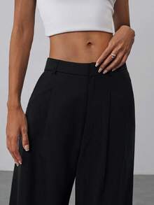 Aloruh Women Fairy Office Daily Commute Wide Leg Straight Trousers With Double Waistband Design, Floor Length, Low Rise, Autumn/Winter, Winter, Business Casual, Elegant, Black , Wide Leg, - Black - View 4