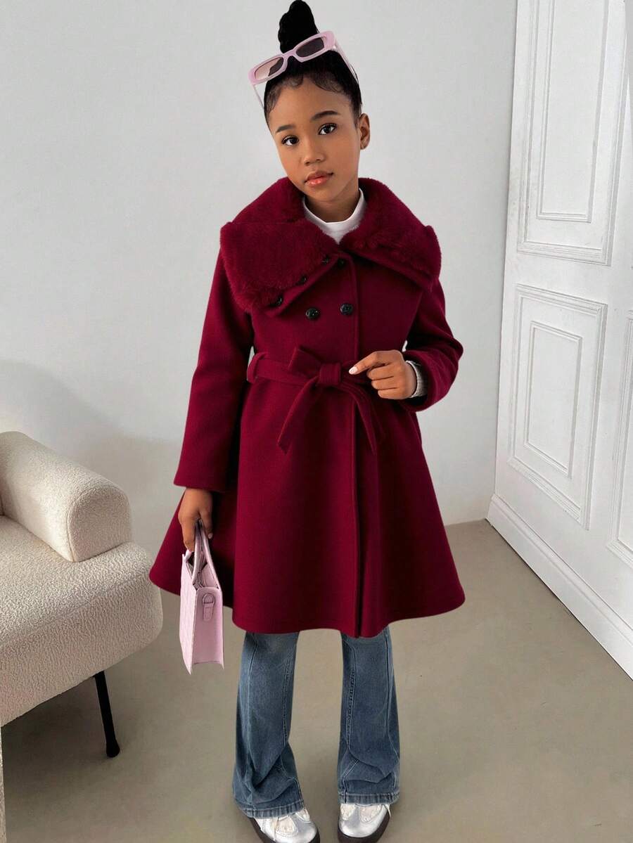 SHEIN Tween Girl Casual Daily Wine Red Lapel Front Double-Breasted Belt A-Line Jacket With Faux Fur Collar Autumn/Winter