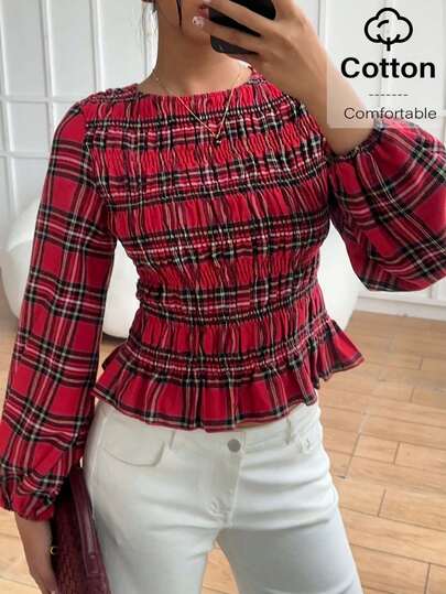 Siren Gaze 2025 New Winter Valentine's Day&New Year Christmas New Year Christmas And New Year Red Women's Fashion Commuter Plaid Lantern Sleeve Blouse, Red Christmas Plaid Blouse Red Checkered Top