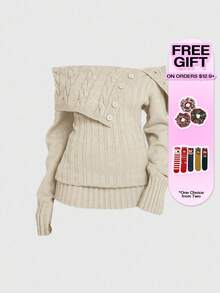 ROMWE Y2K风格露肩罗纹针织毛衣，腰部收紧 - 杏色 - 查看 9