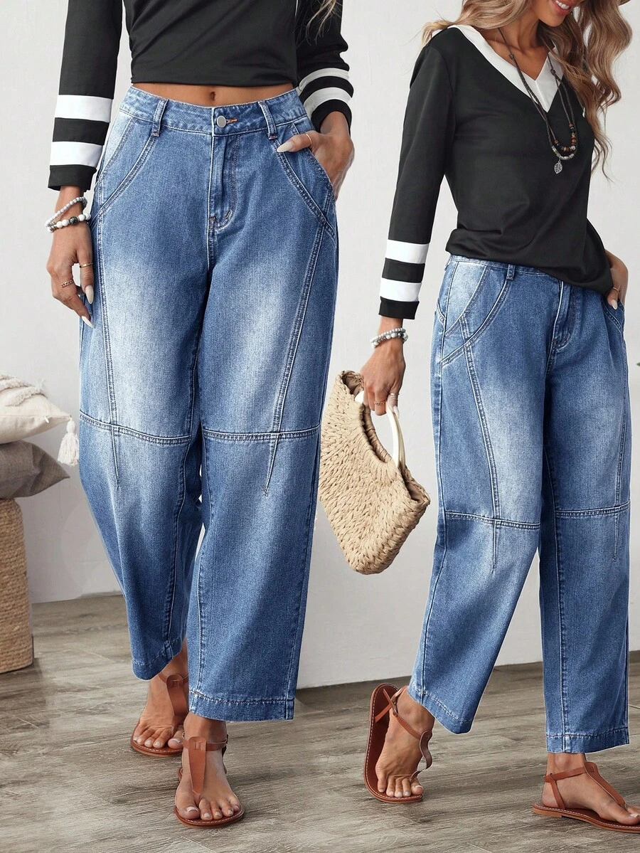 EMERY ROSE Plus Size Women Pockets Wide Leg Loose Casual Versatile Jeans - Blue - View 1