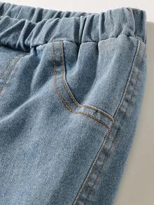 Maija Kids 年轻女孩蝴蝶结刺绣花卉下摆开衩休闲牛仔裤 - 藍色 - 查看 4