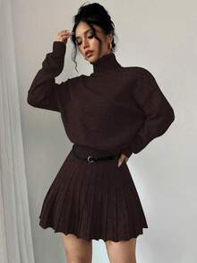 Rafferiza 2pcs Set: Solid Color Loose Pleated Skirt & Turtleneck Sweater - Coffee Brown - View 8