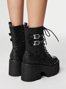 ROMWE Grunge Punk Giày bốt cổ ngắn đế dày thoải mái buộc dây đơn giản dành cho nữ - màu đen - Xem 5