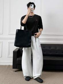 ESTAVOR 男士休闲T恤 针织纹理面料 刺绣图案 长袖圆领T恤 - 黑色 - 查看 2