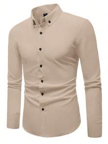 Manfinity Mode 男士休闲纯色长袖衬衫，适合秋季穿着 - 卡其色 - 查看 5