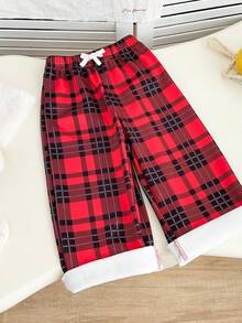 Genkimix Kids Quần ống đứng dáng rộng, lót nhiệt họa tiết kẻ caro cổ điển dành cho bé gái, thích hợp mặc trong dịp Giáng sinh và mặc hàng ngày vào mùa đông - Nhiều màu - Xem 1