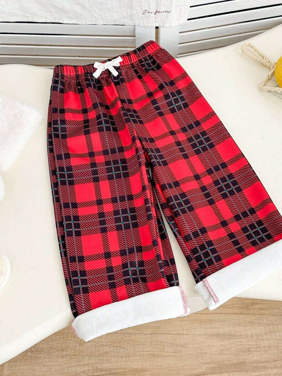 Genkimix Kids Quần ống đứng dáng rộng, lót nhiệt họa tiết kẻ caro cổ điển dành cho bé gái, thích hợp mặc trong dịp Giáng sinh và mặc hàng ngày vào mùa đông - Nhiều màu - Xem 1