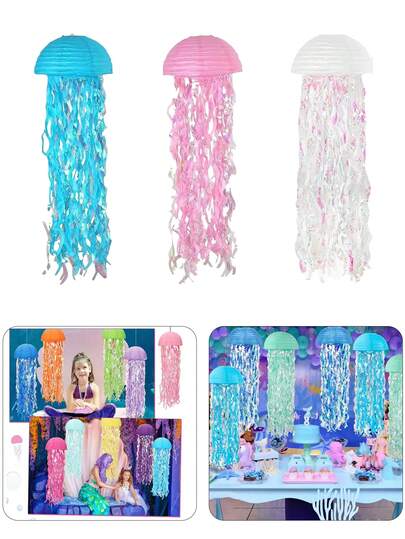 3 linternas de papel con forma de medusa colgantes de color azul, linternas de papel de colores degradados para fiesta con tema de sirena, decoraciones de cumpleaños con tema submarino, guirnalda para ducha de bebé con decoraciones de fiesta de sirena, cintas colgantes azules y coloridas para decoración de cumpleaños, bautizo, boda, fiestas, decoraciones de pared, adornos