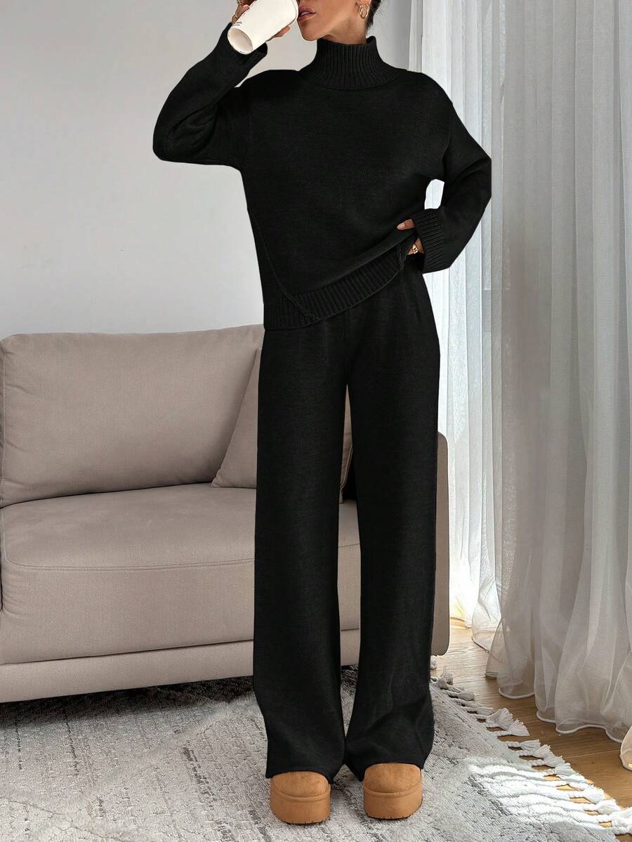 SHEIN Tall 女款寬鬆高領羅紋針織毛衣與直筒針織長褲套裝 - 黑色 - 查看 1