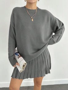 Bộ đồ len Burgundy sang trọng dành cho nữ – Áo len ấm áp kết hợp chân váy cùng tông cho vẻ ngoài sang trọng vượt thời gian - Xám - Xem 4