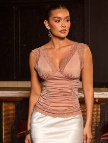 L'Amorae Women's Romantic Lace Trim Tank With Ruching Business Casual - Coral Pink - View 4