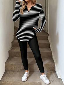 SHEIN LUNE 2pcs/Set Women Casual Long Sleeve T-Shirt And Leggings Set, Striped Print, Suitable For Autumn/Winter - Multicolor - View 4