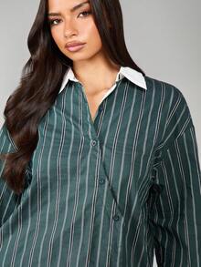 MISSGUIDED قميص عمل محترف بأكمام طويلة مخطط مع ياقة وأساور بيضاء متباينة وأزرار أمامية - متعدد الألوان - مشاهدة 5