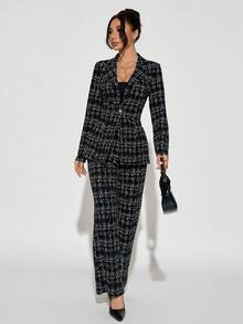 SHEIN PETITE 女士优雅格纹翻领长袖外套和裤子套装，适合派对和晚宴穿着，春夏/夏秋两季女装，适合办公室穿着，女士套装 - 黑與白 - 查看 9