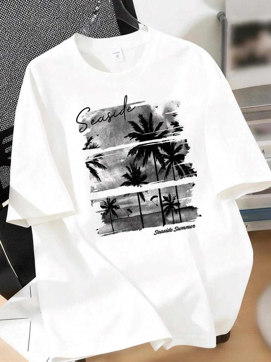Teenage Boys' Casual Coconut Palm Print Crew Neck Short Sleeve T-Shirt, Summer - White - View 1