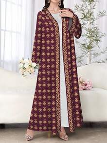 SHEIN Najma 女士三叶草花卉数码印花长袖休闲阿拉伯长袍，适合春秋季穿着 - 彩色 - 查看 4