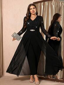 Gownix Curvy Plus-Size Women's Romantic And Elegant Party Jumpsuit, Black V-Neck With Sheer, Shimmering Silver-Stamped Mesh, Lantern Sleeves, Fitted Waist, Cape Style, Long Length, Made Of High-Quality, High-Elasticity Knit Fabric,Formal Jumpsuits For Women, New Year Women's Clothes , New Year Look , Elegant Dresses For Party , Curvy Party Dresses,Going Out ,Graduation Dress For Women ,Long Graduation Dress , Elegant Long Ball Gown , Prom Dresses For Women , Formal Ball Gowns For Women , Prom Dress Plus Size,Sparkly Dress ,Sequin Dress,Night Out,Date Night Outfits Women,Mother Of The Bride Dresses For Wedding,Formal Dresses For Women ,Luxury Dress,Chic Evening Dress ,Black Formal Dress For Women/Winter,Christmas And New Year,Party,2025 New,Elegant Party Dress,Women's Formal Wear ,Christmas,New Year,Hanksgiving Outfit For Women,Elegant Dresses For Women, Stylish Clothing Collection Valentine's Day Outfit - Black - View 7