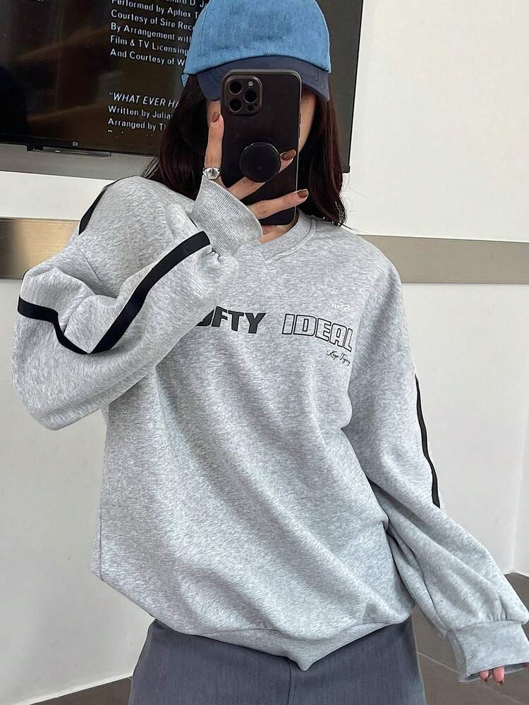 Letter & Side Stripe Print V-Neck Casual Sweatshirt