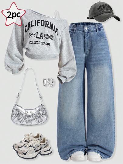Tween Girls' 2-Piece Outfit, Retro American Streetwear Chic Y2K Aesthetic, Includes Oversized Gray Sweatshirt With English Numeric Print And Relaxed Fit Blue Denim Wide Leg Pants, Fashionable And Comfortable For Casual Outings, Street Photography, Daily Leisure, And Weekend Activities