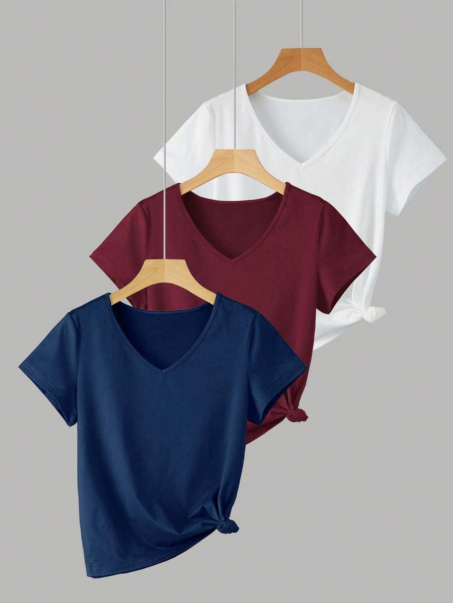 INAWLY Bộ 3 áo thun cổ chữ V tay ngắn, thoải mái và đa năng dành cho nữ, màu đỏ rượu, xanh navy, trắng, mùa hè - Nhiều màu - Xem 1