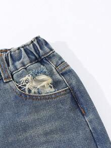 SHEIN Explorewe Quần jeans ống rộng denim xanh giặt cổ điển cho bé gái, quần cạp chun thoải mái, dáng rộng, dễ mặc, phù hợp mặc hàng ngày, đi chơi, đi biển, dự tiệc - Rửa tối - Xem 4