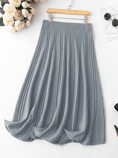 SHEIN LUNE Plus Size Women Solid Color Elastic Waist Casual Knitted Skirt, Autumn/Winter