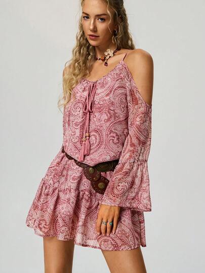 Freevana Women's Floral Print Off-Shoulder Flare Sleeve Tassel Tie Front Fashion Dress, Vacation Boho Dress  Off The Shoulder Western Resort Wear Women Valentines Sexy Dress Chiffon Dress Red Dress