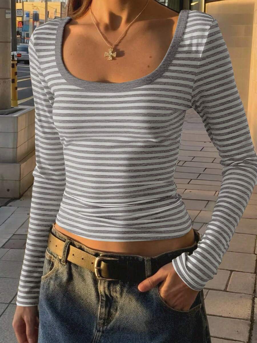 Jouncy Crew Neck Long Sleeve Striped Fitted Women T-Shirt - Light Grey - View 1