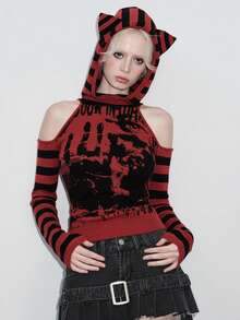 ROMWE Kawaii Women's Cute & Sweet Tie Cuff Decor Off Shoulder Lantern Sleeve Cropped Sweater - Red - View 2