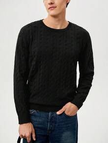 Manfinity Homme Jersey de cuello redondo de manga larga de punto de cable de unicolor para hombre - Negro - Ver 3