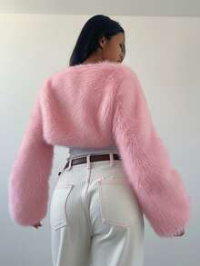 SHEIN SXY Chaqueta de chal de piel sintética blanca sexy y linda para otoño/invierno - Rosa Pálido - Ver 2