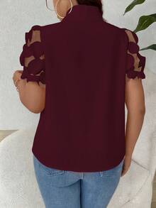 Breezaya 大码女式优雅休闲网纱拼接袖衬衫 - 酒紅色 - 查看 2