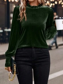 SHEIN LUNE Solid Color Stand Collar Long Lantern Sleeve Loose Fit Blouse - Green - View 6