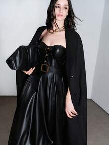 Lumivelle Women's Fashion Solid Color A-Line Metal Belt Slim Fit Strapless Black Party PU Leather Dress - Black - View 5