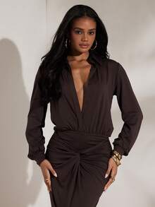 Opulessa Solid Color V-Neck Long Sleeve Dress For Women, New Year, Thanksgiving Outfits, Elegant Party Outfit, Luxury Evening Dresses For Weddings, Fall Winter Clothes, Graduation, Prom Dress,Dresses For Women Elegant, Mermaid, Bohemian Outfits, Ibiza Outfits, Western Style - Brown - View 5