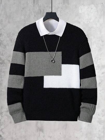 SHEIN Vacaura Contrast Color Crew Neck Sweater, Loose Casual Sweater For Teens Fall Winter