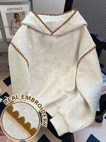 INAWLY Áo nỉ nữ/Áo nỉ thời trang đơn giản thường ngày/Áo thời trang/Áo nỉ vui nhộn/Áo nỉ dài tay cổ tròn rộng rãi phù hợp cho mùa thu đông/Áo chui đầu mùa xuân cho nữ, Áo nỉ có mũ trùm đầu ren tương phản cho nữ, Áo dài tay, Áo hoodie thu đông trở lại trường - Xám - Xem 4