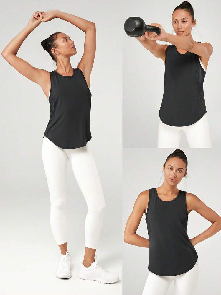 Canotta con fondo curvo in rete traspirante ad asciugatura rapida e leggera, adatta per palestra, allenamento e uso quotidiano