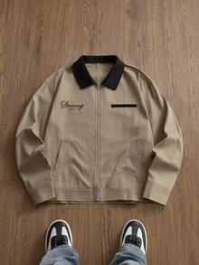 Manfinity Unisex Men's Fashionable Letter Embroidered Jacket, Autumn/Winter - Khaki - View 2