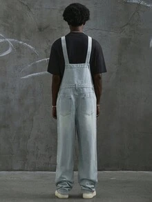 Manfinity EMRG Men's Casual Washed Cross Rhinestone Decor Denim Bib Overalls Boyfriend & Husband Comfortable Regular Washed Blue OVERSIZE Vacation Party For Cargo Overalls