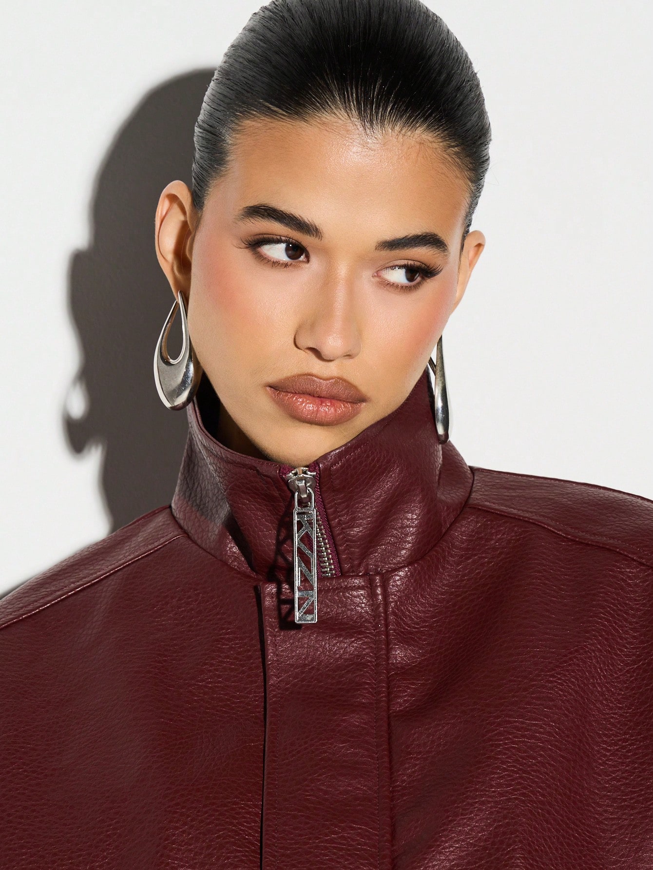 KIZN Burgundy Faux Leather Bomber Jacket With Stand Collar
