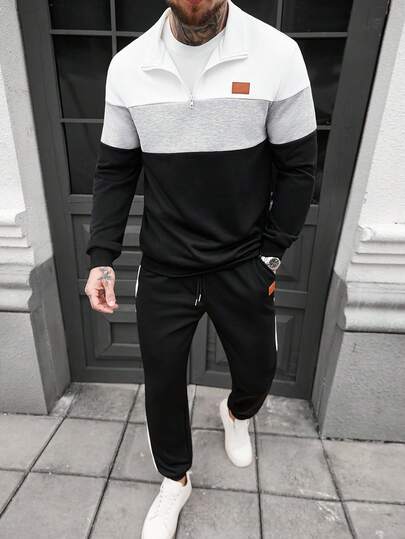 Manfinity CasualCool Men's Contrast Color Patchwork Pullover Sweatshirt And Sweatpants Set Old Money,Daily Leisure, Weekend Trips, Outdoor Activities, Travel Expeditions, Relaxed Work Environments Or Semi-Formal Occasions, Boyfriend/Husband Gift, Anniversary /Birthday Gift Party Christmas New Years