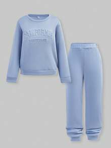 SHEIN Explorewe 2pcs/Set Teen Girls' Casual Commuting Versatile 3D Letter Print Sweatshirt And Sweatpants Set - Baby Blue - View 14